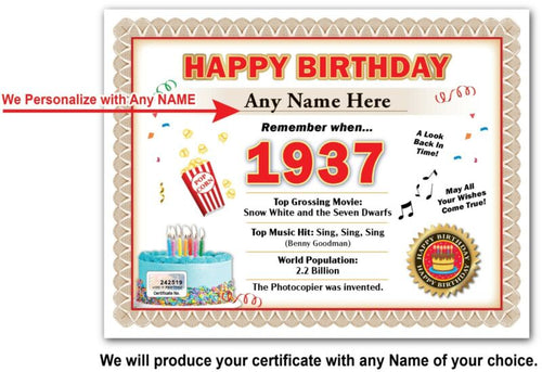 Year of Birth 1937 Personalized Happy Birthday Certificate - GIFT PRESENT DECOR