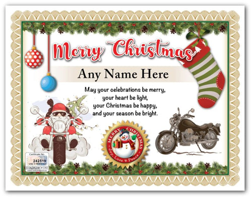 PERSONALIZED CHRISTMAS CERTIFICATE - Motorcycle Biker Stocking - GREAT GIFT