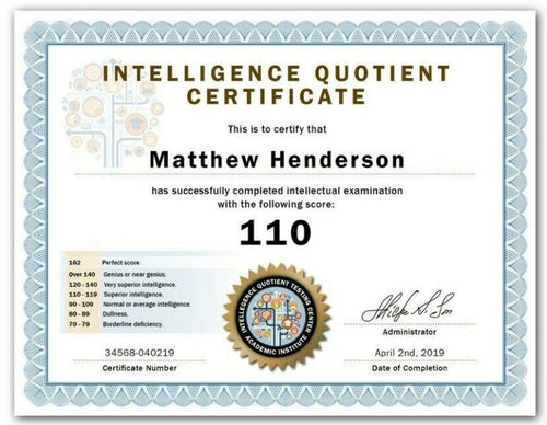 IQ TEST SCORE CERTIFICATE DIPLOMA - INTELLIGENCE QUOTIENT - Office Desk Decor