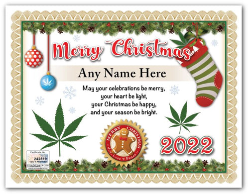 PERSONALIZED CHRISTMAS CERTIFICATE - 420 Marijuana Cannabis Smoker Stocking GIFT