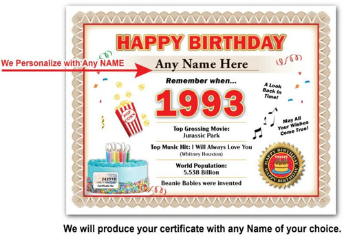 Year of Birth 1993 Personalized Happy Birthday Certificate - GIFT PRESENT DECOR