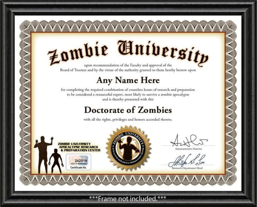 Zombie University Personalized Certificate - Apocalypse Survival - GREAT GIFT