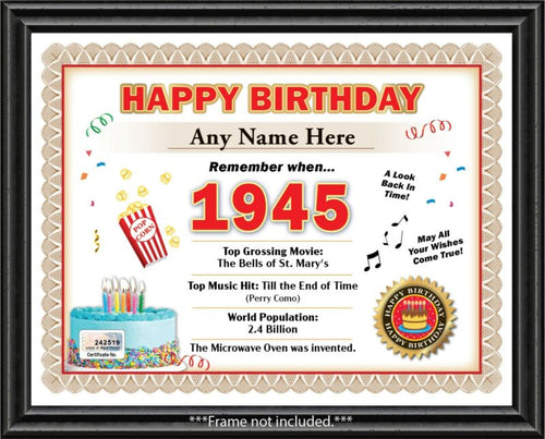 Year of Birth 1945 Personalized Happy Birthday Certificate - GIFT PRESENT DECOR