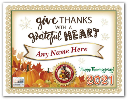 PERSONALIZED THANKSGIVING CERTIFICATE - Grateful Heart Fall Pumpkin - GREAT GIFT