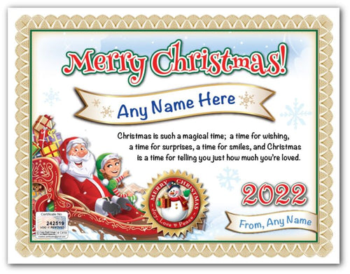 PERSONALIZED CHRISTMAS CERTIFICATE Kids Boy Girl Santa Sleigh Toy Elf GREAT GIFT