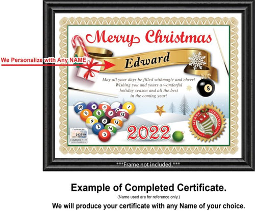 PERSONALIZED CHRISTMAS CERTIFICATE Billiards Pool Table Balls Cue Game Room GIFT