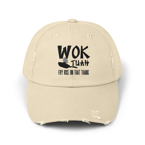 Wok Tuah' Distressed Baseball Cap | Hawk Tuah Pun Food Meme Design