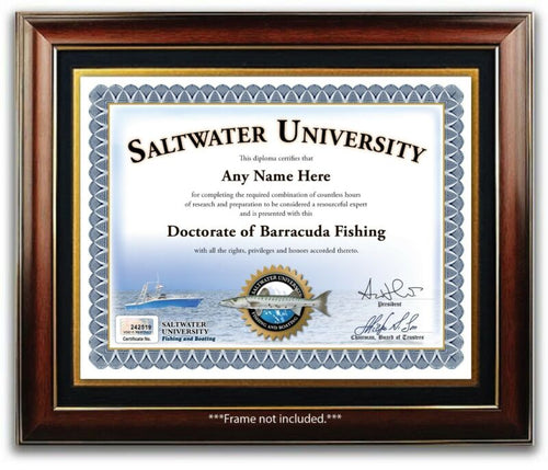 Saltwater BARRACUDA Fishing PERSONALIZED CERTIFICATE Diploma - Boat Gear GIFT