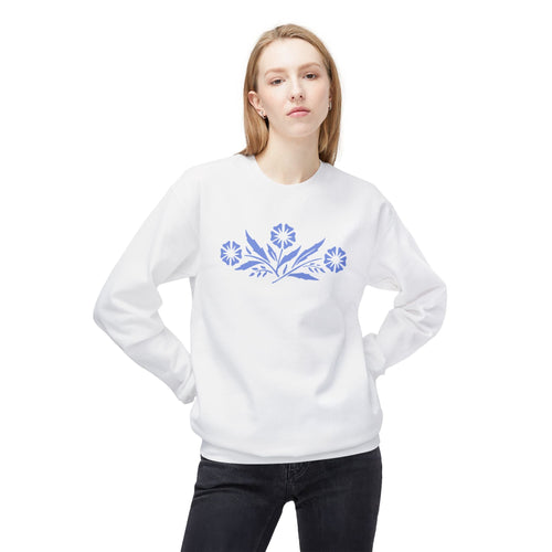 Vintage Corningware-Inspired Crewneck Sweatshirt | Retro Blue Cornflower Dish Design