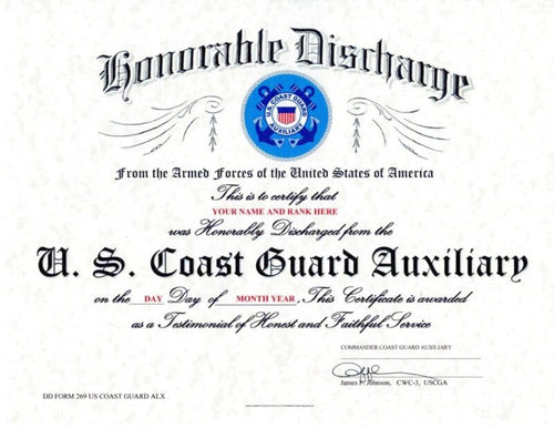 United States Coast Guard Auxiliary Honorable Discharge Replacement Certificate