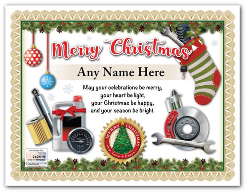 PERSONALIZED CHRISTMAS CERTIFICATE - Auto Car Mechanic Tools Shop Garage - GIFT