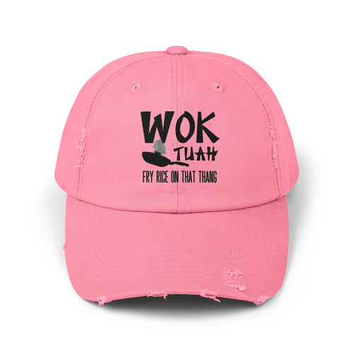 Wok Tuah' Distressed Baseball Cap | Hawk Tuah Pun Food Meme Design