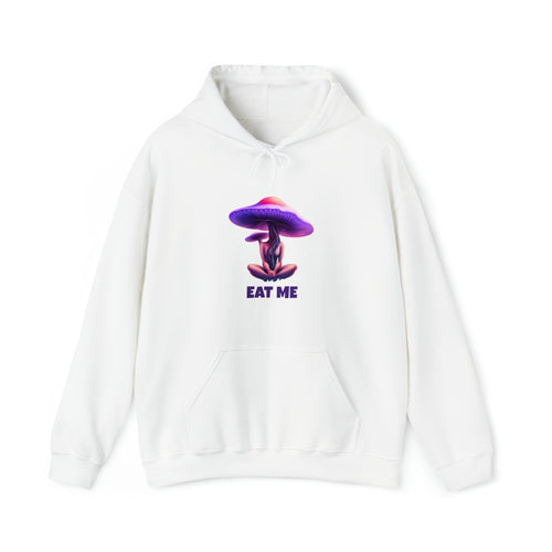 Surreal 'Eat Me' Mushroom Graphic Hooded Sweatshirt | Trippy Fungi Hoodie