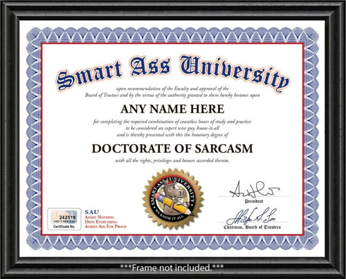 SARCASM AWARD CERTIFICATE Smart Ass DIPLOMA - Funny Joke Gag - Office Desk GIFT