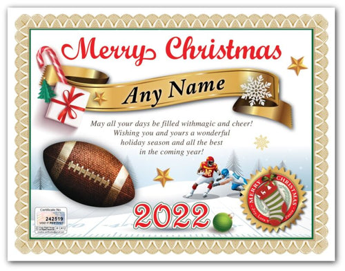 PERSONALIZED CHRISTMAS CERTIFICATE - Football Player Fan Sports Lover GREAT GIFT