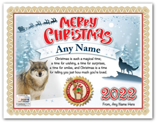 PERSONALIZED CHRISTMAS CERTIFICATE - Wolf Wolves Lover Outdoors - GREAT GIFT