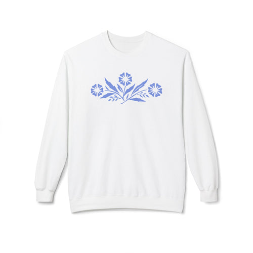 Vintage Corningware-Inspired Crewneck Sweatshirt | Retro Blue Cornflower Dish Design