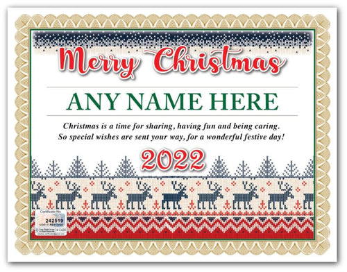 PERSONALIZED CHRISTMAS CERTIFICATE - Ugly Sweater Reindeer Cross Stitch - GIFT