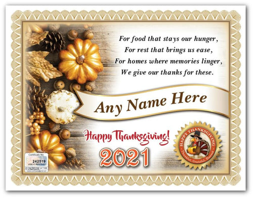 PERSONALIZED THANKSGIVING CERTIFICATE - Blessing Autumn Fall Pumpkin Home - GIFT