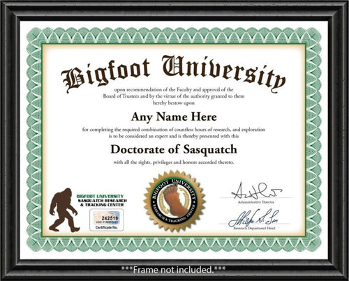 Personalized BIGFOOT University Certificate - Sasquatch Hunter Tracker - GIFT