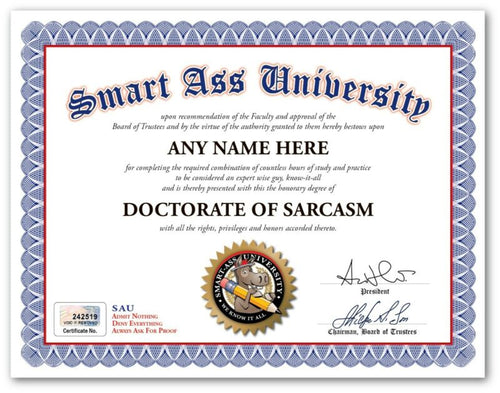 SARCASM AWARD CERTIFICATE Smart Ass DIPLOMA - Funny Joke Gag - Office Desk GIFT