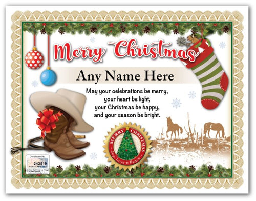 PERSONALIZED CHRISTMAS CERTIFICATE - Cowboy Boots Hat Western Stocking - GIFT