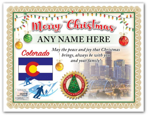 PERSONALIZED CHRISTMAS CERTIFICATE Colorado State Flag Denver Skiing GREAT GIFT