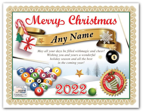 PERSONALIZED CHRISTMAS CERTIFICATE Billiards Pool Table Balls Cue Game Room GIFT