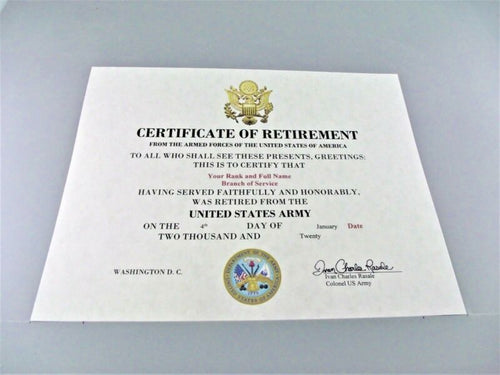 United States Army Retirement replacement certificate