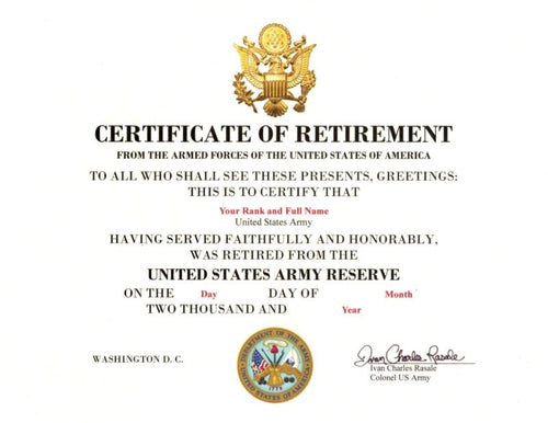 United States Army Retirement replacement certificate