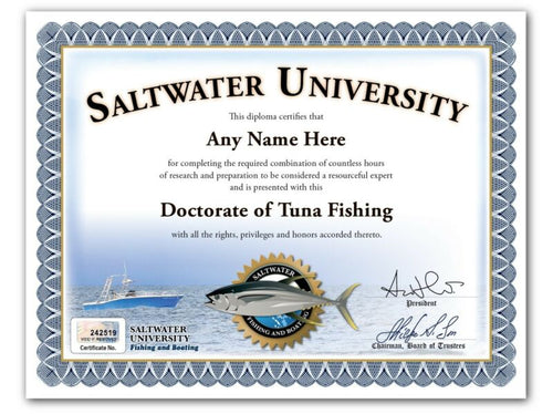 Saltwater TUNA Fishing PERSONALIZED CERTIFICATE Diploma - Yellow Blue Fin - GIFT