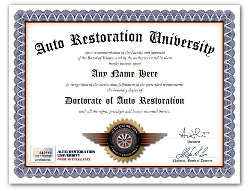 Auto Restoration PERSONALIZED CERTIFICATE Diploma Classic Car Garage Tools GIFT