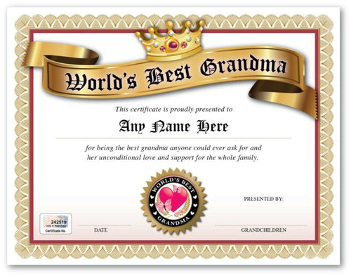 Personalized Worlds Best Grandma AWARD CERTIFICATE DIPLOMA - MOTHERS Day GIFT