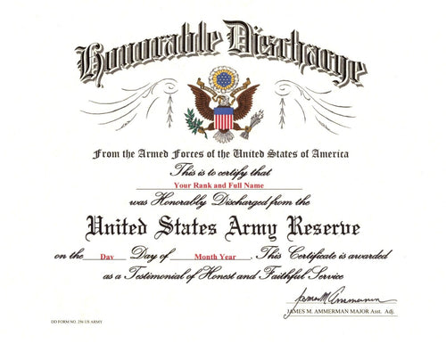 United States Army Reserve Honorable Discharge Replacement Certificate