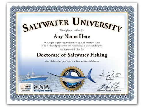 Saltwater Fishing PERSONALIZED CERTIFICATE Diploma - Fisherman Boat Gear - GIFT