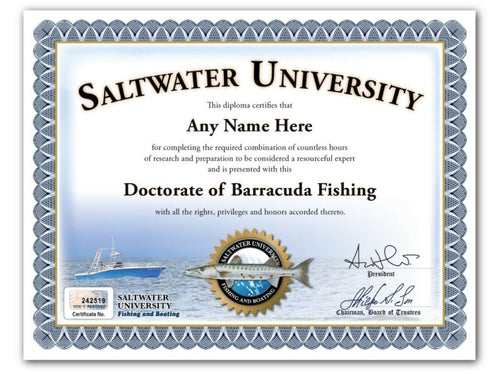 Saltwater BARRACUDA Fishing PERSONALIZED CERTIFICATE Diploma - Boat Gear GIFT