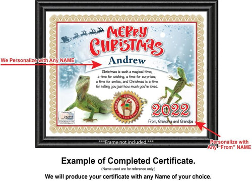 PERSONALIZED CHRISTMAS CERTIFICATE - Lizard Gecko Reptile Dragon Terrarium GIFT