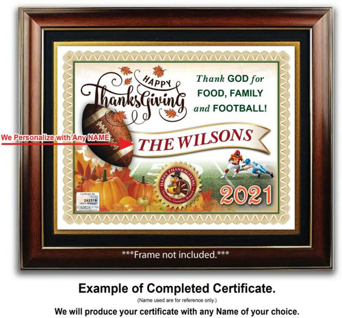 PERSONALIZED THANKSGIVING CERTIFICATE - Football Food Family God Pumpkin - GIFT