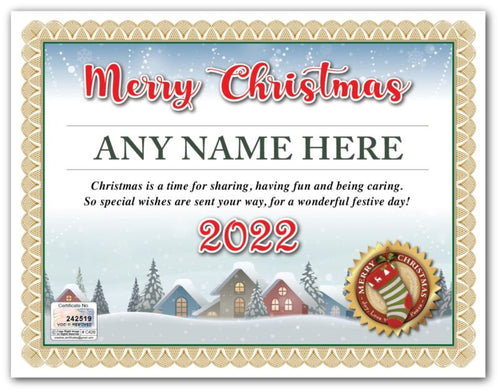 PERSONALIZED CHRISTMAS CERTIFICATE - Winter Village Houses Stocking - GREAT GIFT