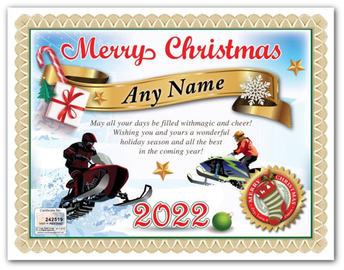 PERSONALIZED CHRISTMAS CERTIFICATE - Snowmobile Racing Goggles Artic GREAT GIFT