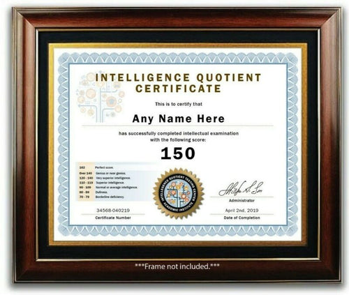 IQ TEST SCORE CERTIFICATE DIPLOMA - INTELLIGENCE QUOTIENT - Office Desk Decor