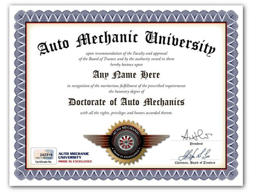 Auto Mechanic PERSONALIZED CERTIFICATE Diploma Car Garage Decor GREAT GIFT Dad