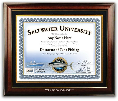 Saltwater TUNA Fishing PERSONALIZED CERTIFICATE Diploma - Yellow Blue Fin - GIFT