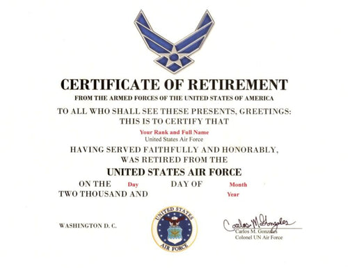 United States Air Force Retirement replacement certificate