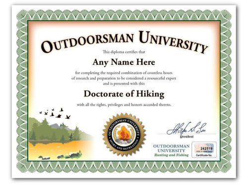 HIKING Outdoorsman PERSONALIZED CERTIFICATE Diploma Hiker Backpacking Gear GIFT