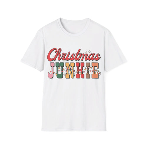 Christmas Junkie' Colorful Hardcore Holiday Design T-Shirt | Festive Cheer Enthusiast Tee