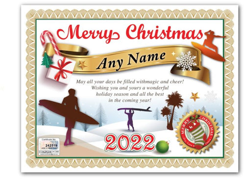 PERSONALIZED CHRISTMAS CERTIFICATE - Surfing Surfboard Beach Ocean - GREAT GIFT