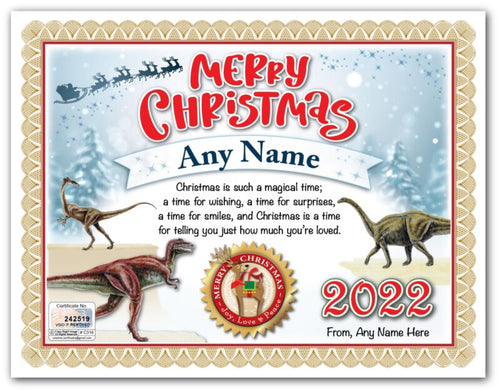 PERSONALIZED CHRISTMAS CERTIFICATE Dinosaur T-Rex Tyrannosaurus Rex GREAT GIFT