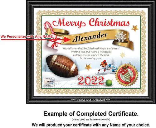 PERSONALIZED CHRISTMAS CERTIFICATE - Football Player Fan Sports Lover GREAT GIFT