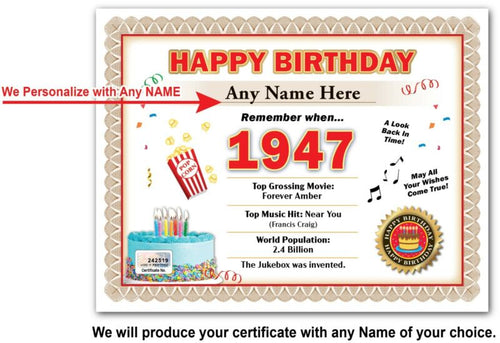 Year of Birth 1947 Personalized Happy Birthday Certificate - GIFT PRESENT DECOR